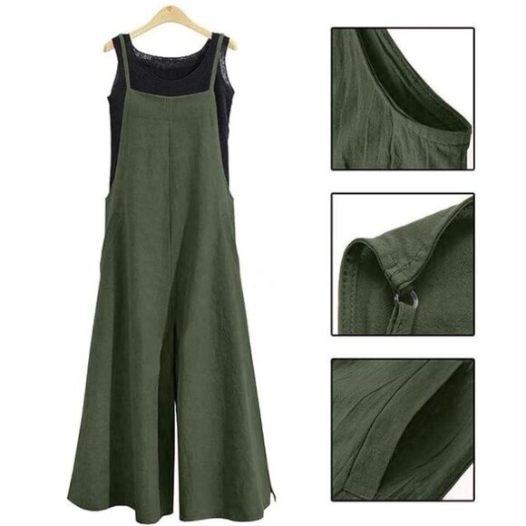 YESNO Dark Army Green Wide Leg Baggy Cotton Romper - Size Small - Picture 4 of 6